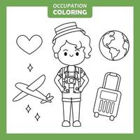 Coloring cute baby animal cartoon with Occupation job Traveller vector