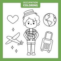 Coloring cute baby animal cartoon with Occupation job Traveller vector