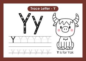 hoja de trabajo preescolar de la letra a a la z del alfabeto con la letra y yak vector