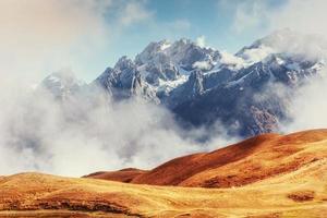 Thick fog on the mountain pass Goulet. Georgia, Svaneti. Europe. photo