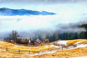 The works in the style of watercolor painting. Chalet in the mou photo