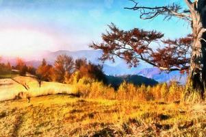 The works in the style of watercolor painting. Autumn landscape photo