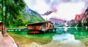 The works in the style of watercolor painting. Houseboat photo
