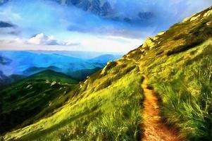 The works in the style of watercolor painting. Mountain landscap photo