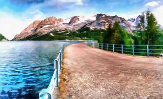 las obras en el estilo de la pintura de acuarela. lago entre monte foto