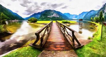 The works in the style of watercolor painting. Wooden bridge ove photo
