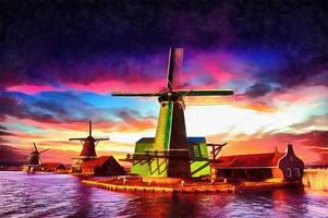 The works in the style of watercolor painting. Traditional Dutch photo