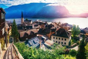 Fantastic views of the town between the mountains Hallstatt. Austria photo