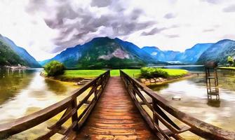 The works in the style of watercolor painting. Wooden bridge ove photo