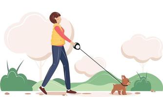 Woman with a dog in the park. Walking woman with her dog in the nature. Outdoor activity concept. Vector illustration.