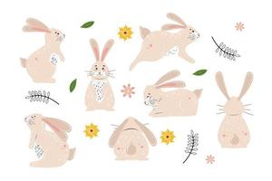 Set of cute jumping, sitting, sleeping bunny. Little bunny collection. Vector illustration.