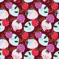 Raspberry pattern. Seamless pattern with raspberry, leaves, abstract shapes on red background. Vector pattern.