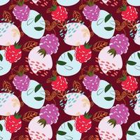 Raspberry pattern. Seamless pattern with raspberry, leaves, abstract shapes on red background. Vector pattern.