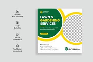 Lawn Mower Garden or Landscaping Service Social Media Post Template. Lawn Mower Garden Social Media Post. Mowing poster, leaflet, poster design. grass, equipment, gardener vector