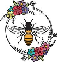 Bee and floral circle frame color. Vector illustration.