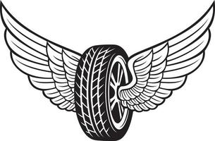 rueda o neumático y alas ilustración vectorial en blanco y negro vector