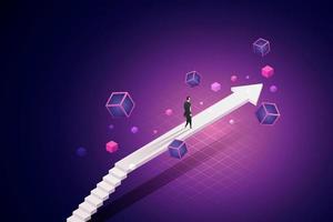 Businessman steps on the arrow bridge that goes forward on the path of Blockchain technology. vector