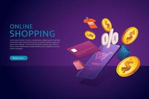 Online Shopping via smartphone online store and Coin Credit Cards. vector