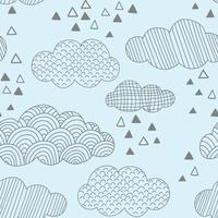 Doodle vector pattern with clouds and triangles. Hand drawn seamless background.