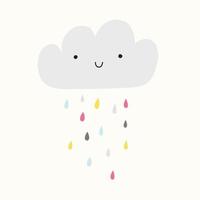 linda nube sonriente con gotas de lluvia coloridas. ilustración para la tarjeta de baby shower o el arte de la guardería. vector