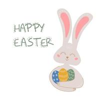 Happy Easter colored greeting card with rabbit holding dyed eggs. Vector postcard with cute rabbit.