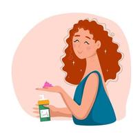 Woman uses cosmetic cream for curly hair. Girl with care bottle for wavy hair. CGM hair. Vector flat style.