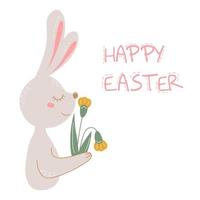 Happy Easter colored greeting card with rabbit and flower. Vector postcard with cute rabbit.