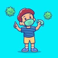 Cute Boy Hold And Wearing Medical Mask With Virus  Cartoon Vector Icon Illustration. People Medical Icon  Concept Isolated Premium Vector. Flat Cartoon Style