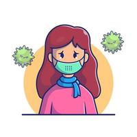 linda chica triste enferma fiebre y gripe dibujos animados vector icono ilustración. concepto de icono médico de personas vector premium aislado. estilo de dibujos animados plana