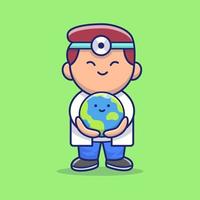 Cute Doctor Save Cute World Cartoon Vector Icon Illustration.  People Medical Icon Concept Isolated Premium Vector. Flat  Cartoon Style