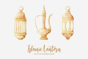 islamic lantern watercolor with 3 objects variation illustration with golden metal material vector