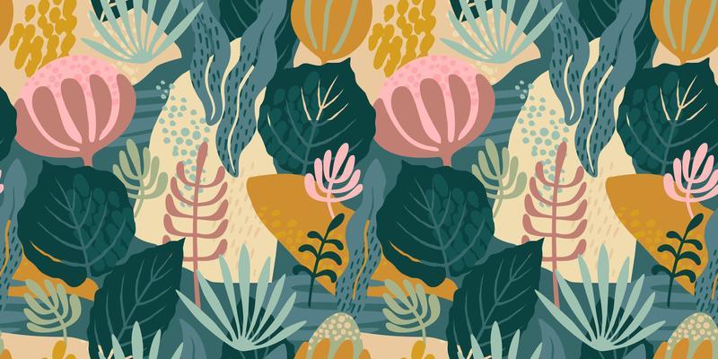 Abstract gentle seamless pattern with leaves, flowers and grass. Modern exotic design
