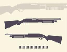 escopeta, rifle de caza con conchas y silueta vector