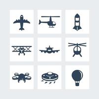 Aircrafts icons set isolated on white, vector illustration