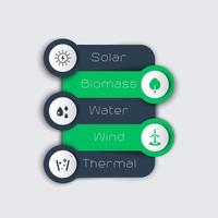 fuentes de energía alternativas, energía verde, solar, viento, producción de energía geotérmica, elementos de plantilla de infografía, iconos, vector
