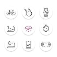 cardio training icons, fitness, heart training, round line icons set, vector illustration