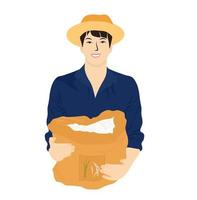 un granjero sostiene una bolsa de arroz. ilustración de stock vectorial. un hombre con un sombrero de paja, sonriendo. cosecha de arroz. productos alimenticios naturales. Aislado en un fondo blanco. un cartel para una tienda de alimentos agrícolas. vector