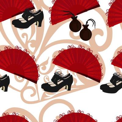 Flamenco pattern. Castanets, shoes, a weather vane. Spanish traditional music. Isolated black silhouettes on a white background. For wrapping paper. Ideal for wallpaper, surface textures, textiles.