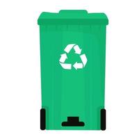 Green closed dumpster vector stock illustration. A garbage can with a pedal on wheels. Recycling icon. Isolated on a white background.