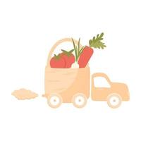 la comida de la granja está siendo conducida por un camión. entrega, logística. el logo de la tienda de verduras. granja. tomates, zanahorias, cebollas en la cesta. ilustración de stock vectorial. Aislado en un fondo blanco. vector