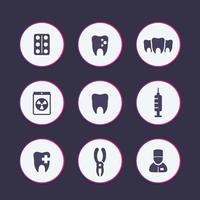Teeth, dental care, tooth cavity, toothcare, stomatology round icons set, vector illustration