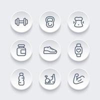 Gym, fitness training icons pack, round line pictograms, vector illustration