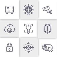 Security line icons set, secure transaction, strongbox, video surveillance, authentication, biometric recognition, safety vector