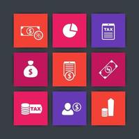 tax, finance, payroll, income square icons, vector illustration