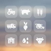 Agriculture, farming icons set, cattle, pigs, hangar, agrimotor, combine harvester, vector illustration