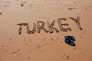 Turkey written in the sand on the beach photo