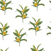 Vector stock illustration of kumquat fruit.  Ripe orange juicy round fruit Fortunella on green leaves. Seamless pattern. For wrapping paper. Ideal for wallpaper, surface textures, textiles.