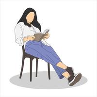 ilustración de una mujer sentada en una silla y leyendo un libro. ilustración vectorial vector