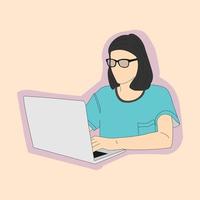 Illustration of a woman at work using a laptop. Cartoon vector illustration