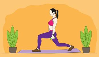 Illustration of a woman exercising. Beautiful woman doing yoga on the mat. Cartoon minimal style. Flat vector illustration